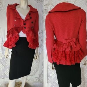 Anthropologie Red Ruffle Cardigan with a Bow 100% Wool Sz S
